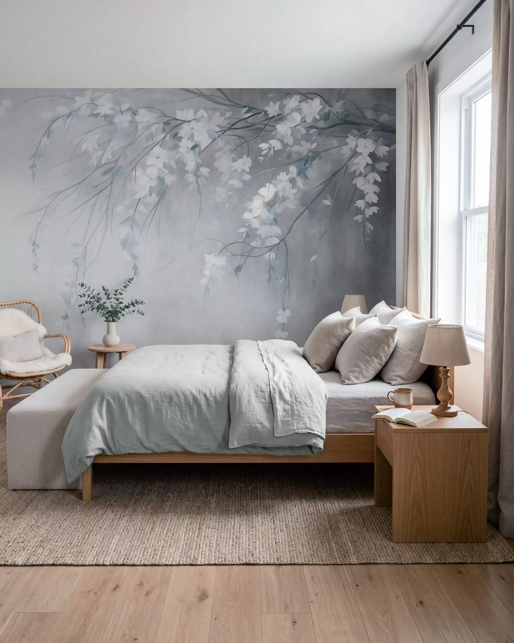 wall murals Нежна грана трешње са белим цветовима и листовима, стил сликања w10024v1