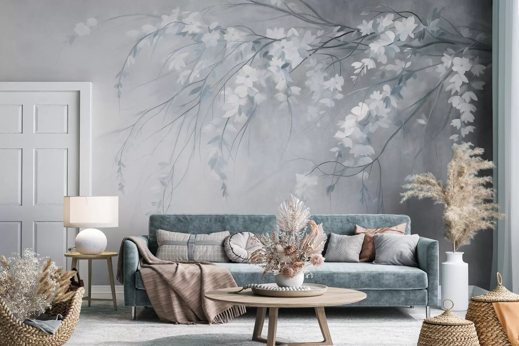 wall murals Нежна грана трешње са белим цветовима и листовима, стил сликања w10024v1