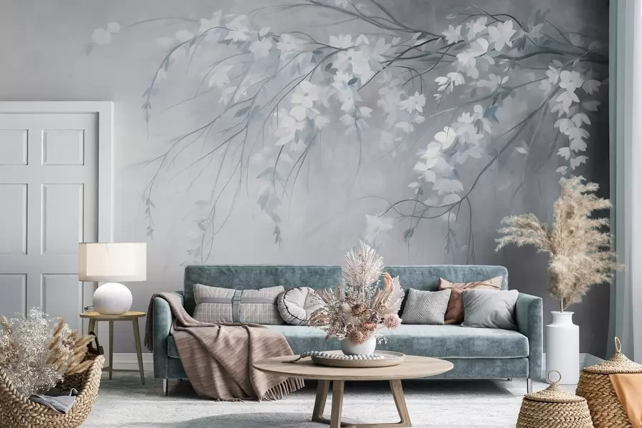 wall murals Нежна грана трешње са белим цветовима и листовима, стил сликања w10024v1