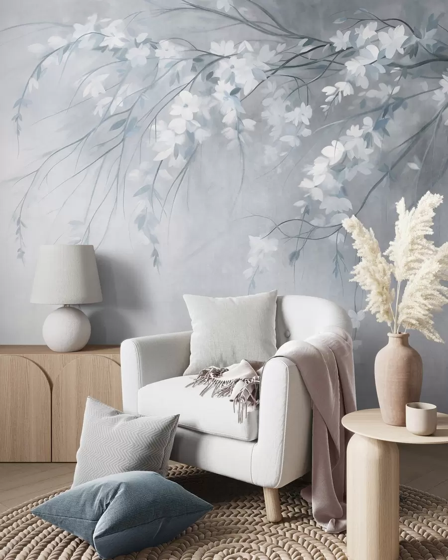 wall murals Нежна грана трешње са белим цветовима и листовима, стил сликања w10024v1