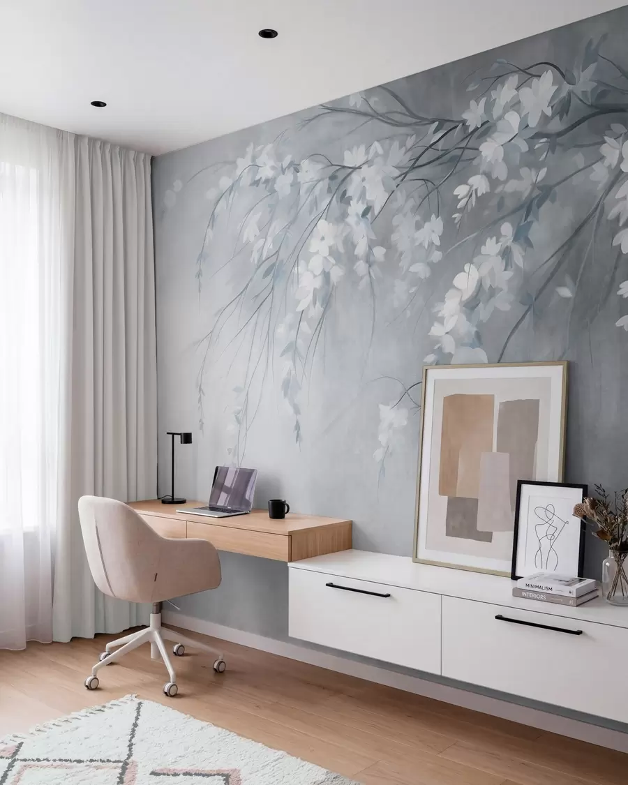 wall murals Нежна грана трешње са белим цветовима и листовима, стил сликања w10024v1