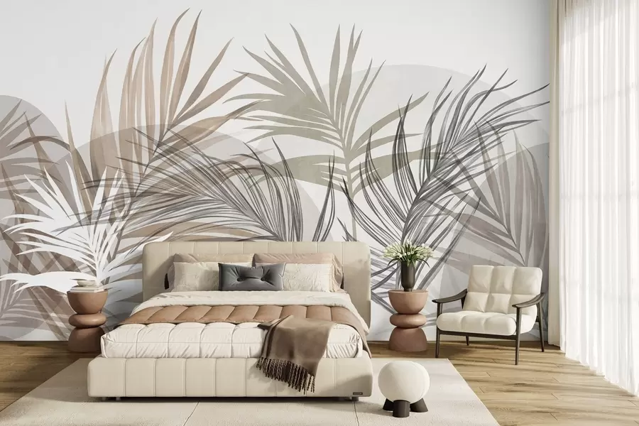 wall murals Палмино лишће у неутралним тоновима беж, браон и сиве, са апстрактним облицима w10025
