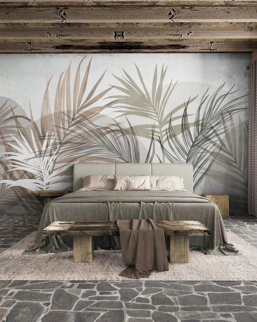 wall murals Палмино лишће у неутралним тоновима беж, браон и сиве, са апстрактним облицима w10025