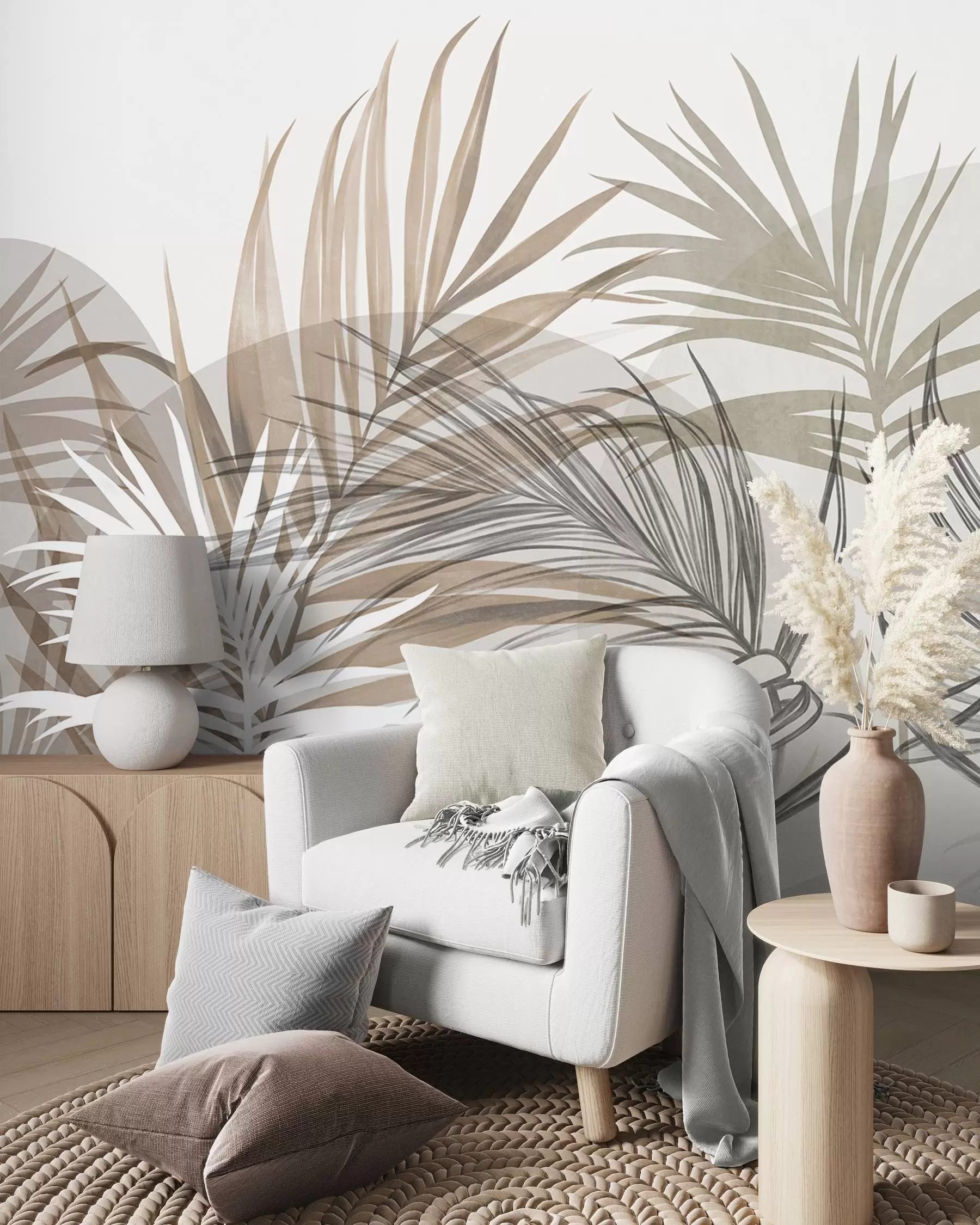 wall murals Палмино лишће у неутралним тоновима беж, браон и сиве, са апстрактним облицима w10025