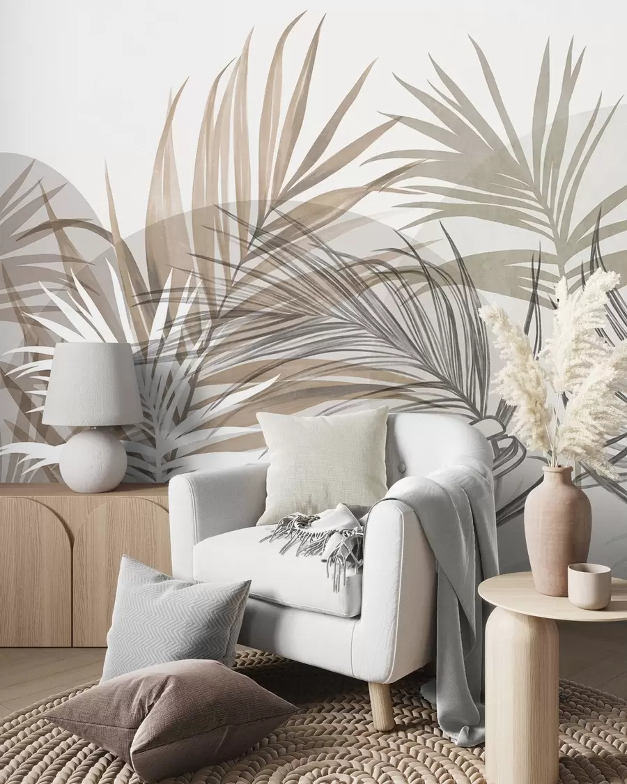 wall murals Палмино лишће у неутралним тоновима беж, браон и сиве, са апстрактним облицима w10025