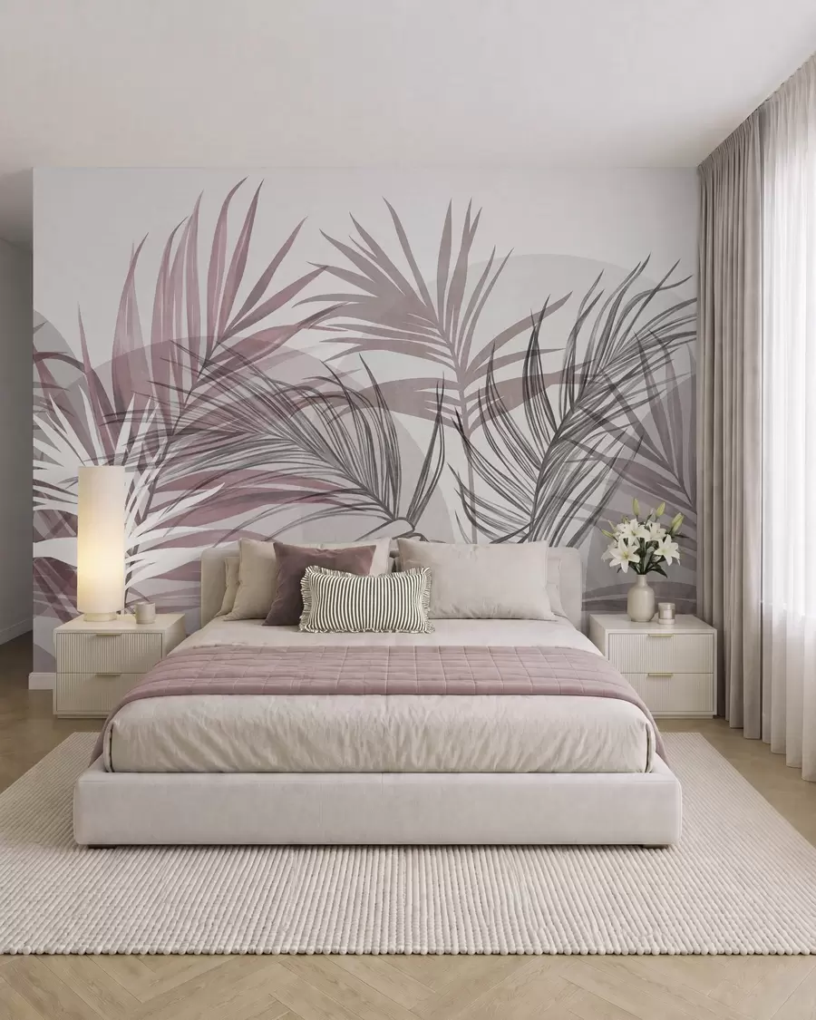 wall murals Палмино лишће у неутралним тоновима ружичасте и сиве, са апстрактним облицима w10025v1