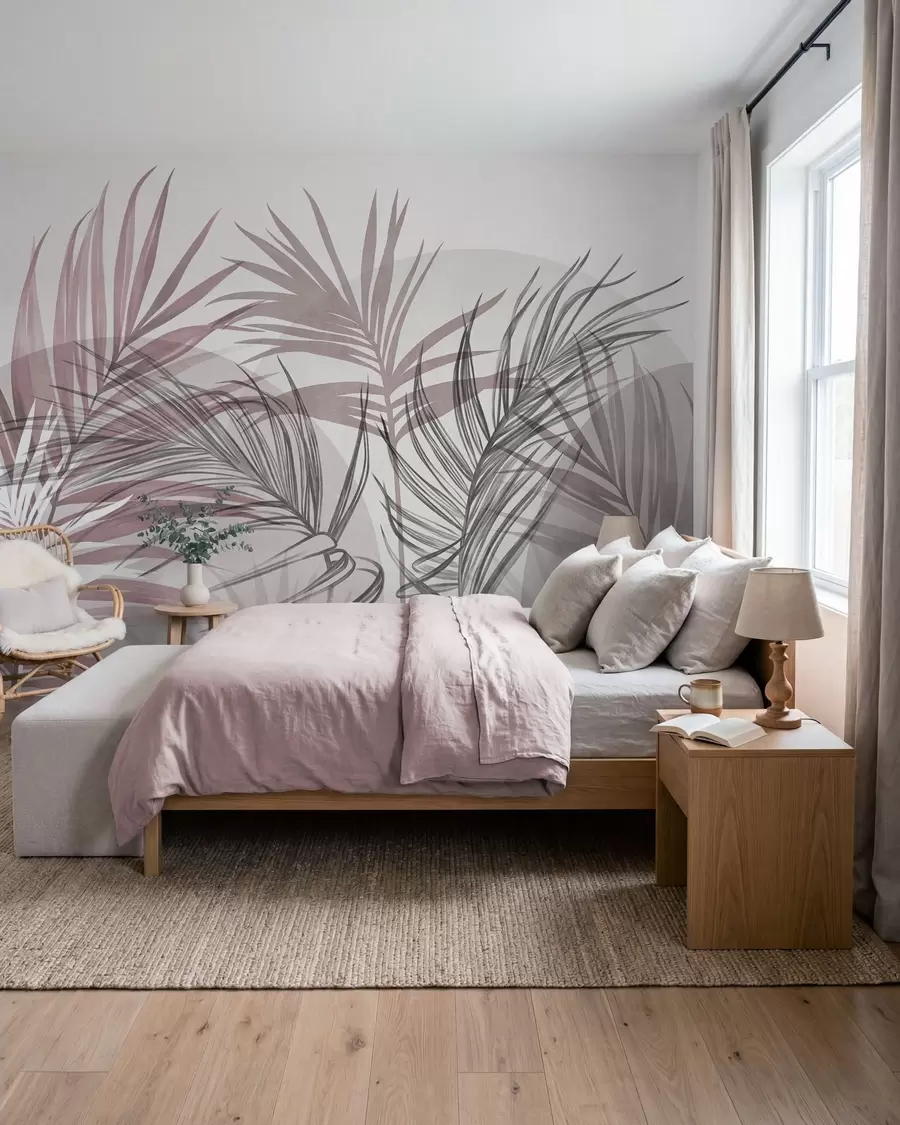 wall murals Палмино лишће у неутралним тоновима ружичасте и сиве, са апстрактним облицима w10025v1