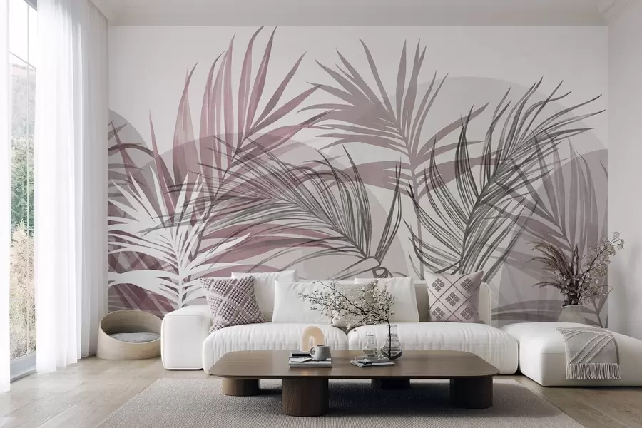 wall murals Палмино лишће у неутралним тоновима ружичасте и сиве, са апстрактним облицима w10025v1