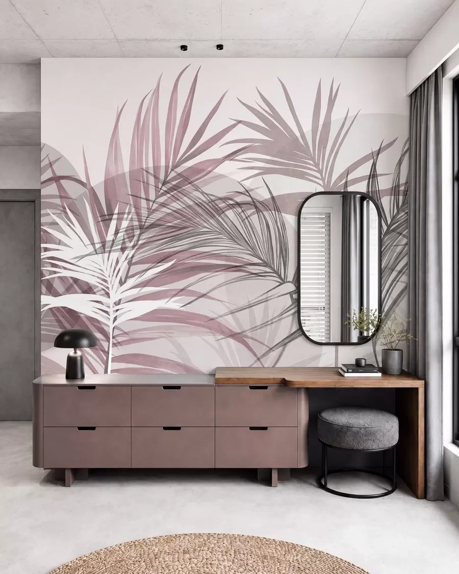 wall murals Палмино лишће у неутралним тоновима ружичасте и сиве, са апстрактним облицима w10025v1