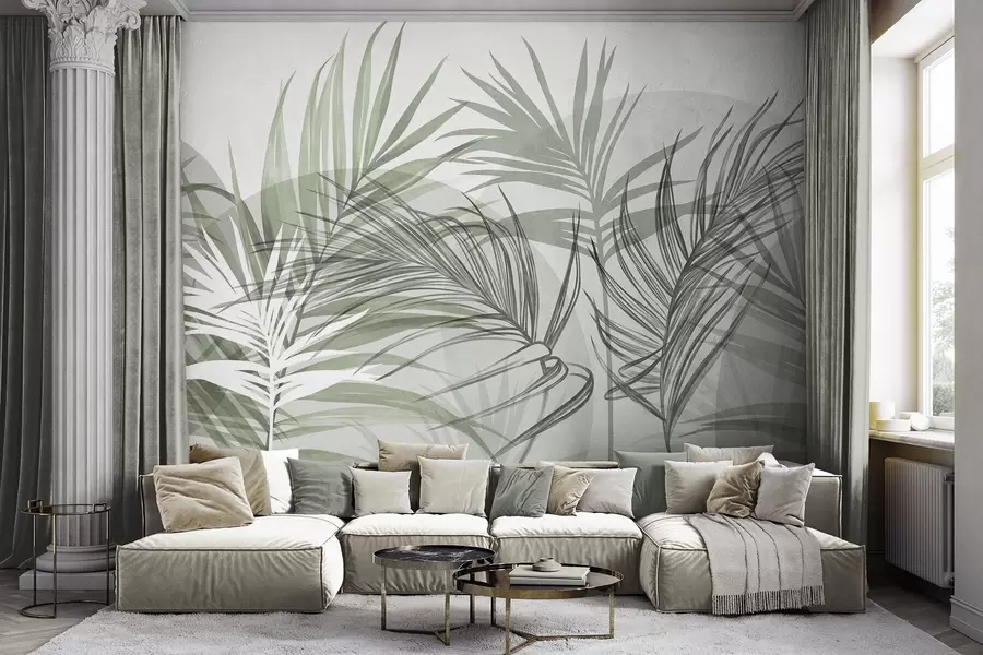 wall murals Палмино лишће у неутралним тоновима зелене и сиве, са апстрактним облицима w10025v2