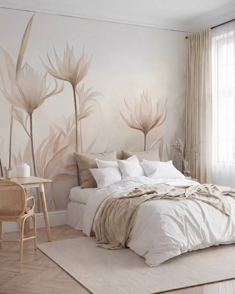 wall murals Текстурирани провидни цветови у меким бресквастим и беж нијансама са дугим стабљикама и лишћем w10028