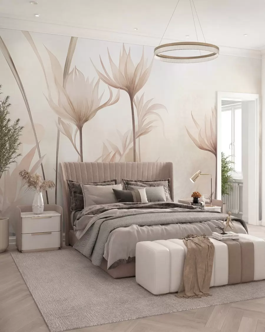 wall murals Текстурирани провидни цветови у меким бресквастим и беж нијансама са дугим стабљикама и лишћем w10028