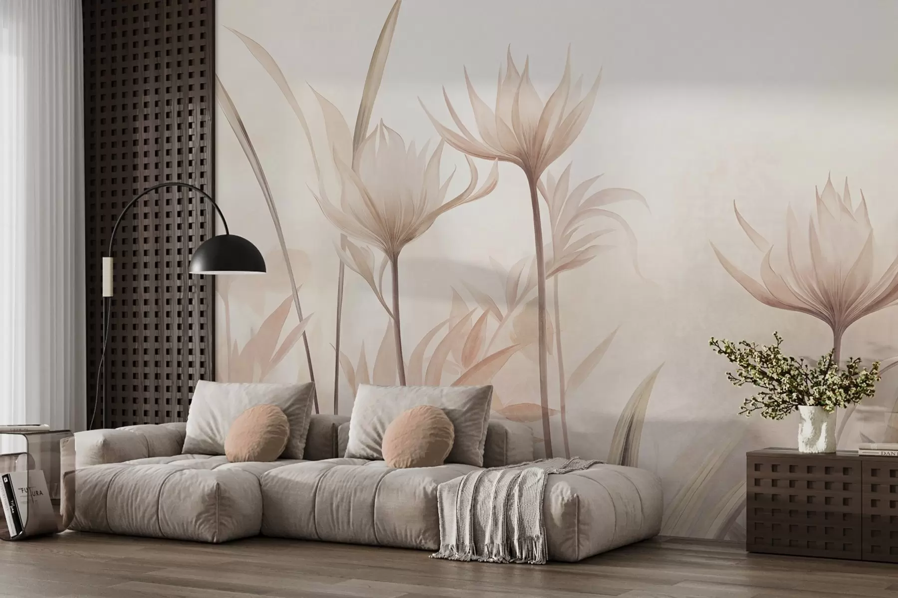 wall murals Текстурирани провидни цветови у меким бресквастим и беж нијансама са дугим стабљикама и лишћем w10028