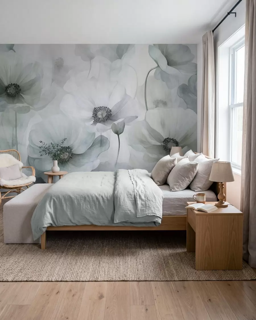 wall murals Пригушени текстурирани макови са тамним средиштем, нежним провидним латицама, меком позадином w10029v2