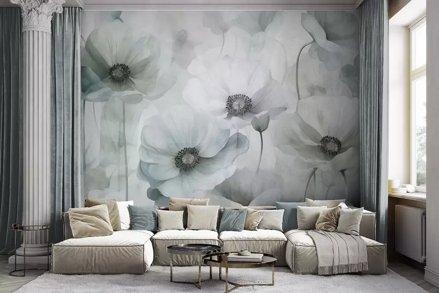 wall murals Пригушени текстурирани макови са тамним средиштем, нежним провидним латицама, меком позадином w10029v2