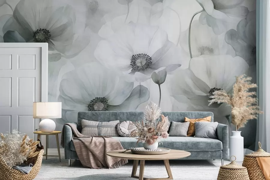 wall murals Пригушени текстурирани макови са тамним средиштем, нежним провидним латицама, меком позадином w10029v2