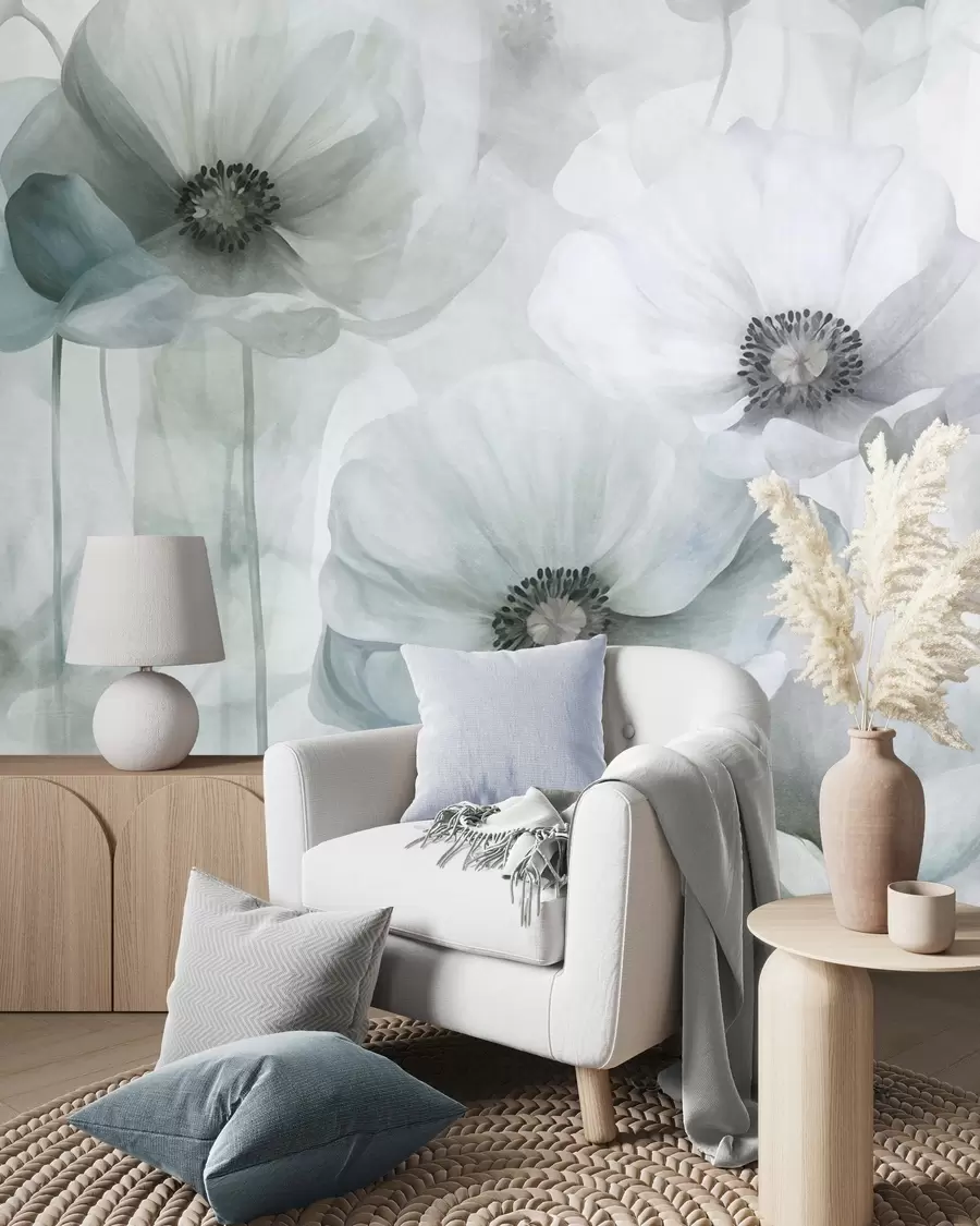 wall murals Пригушени текстурирани макови са тамним средиштем, нежним провидним латицама, меком позадином w10029v2