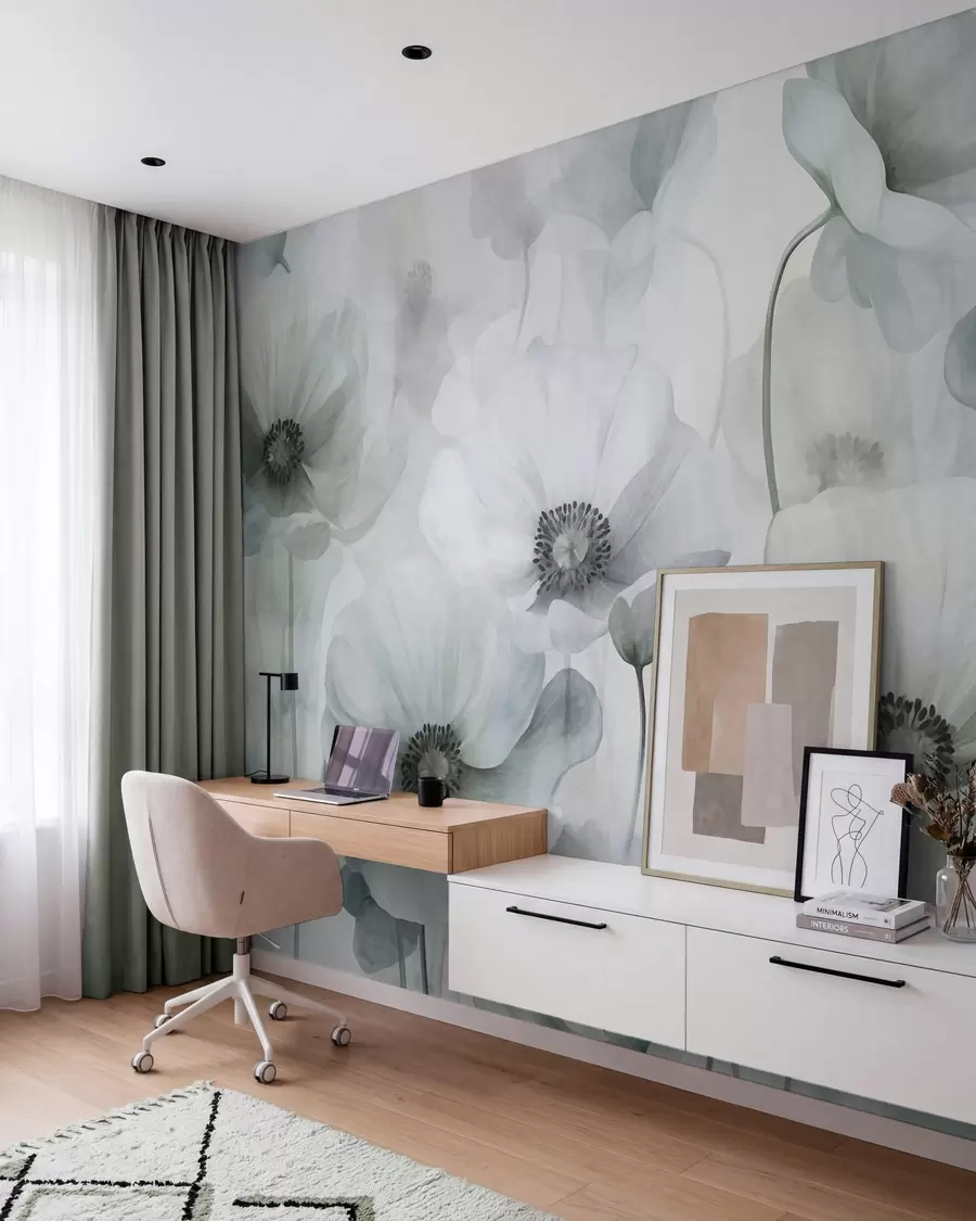 wall murals Пригушени текстурирани макови са тамним средиштем, нежним провидним латицама, меком позадином w10029v2