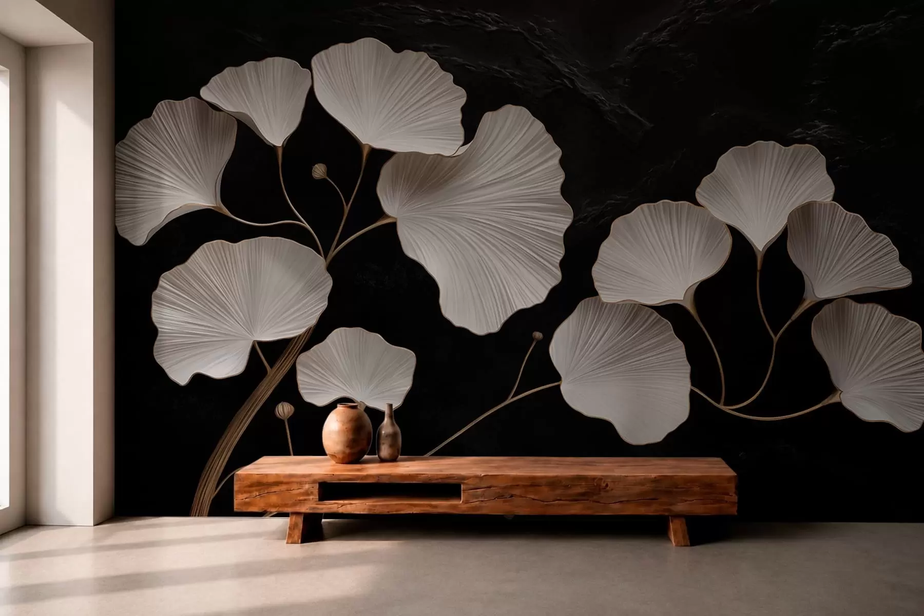 wall murals Бели листови у облику лепезе на црној позадини w05860