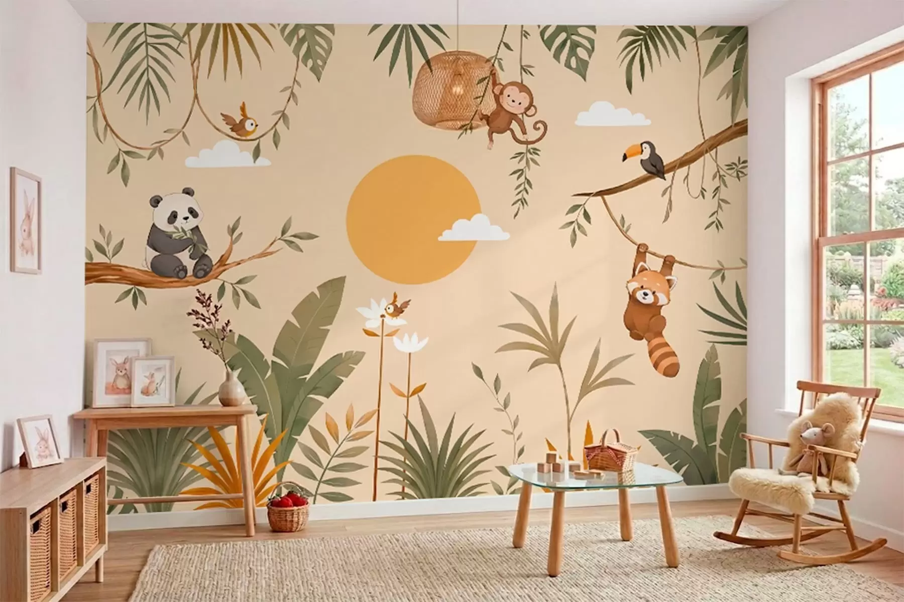 wall murals Тропске животиње, лишће и сунце на топлој позадини w05865v1