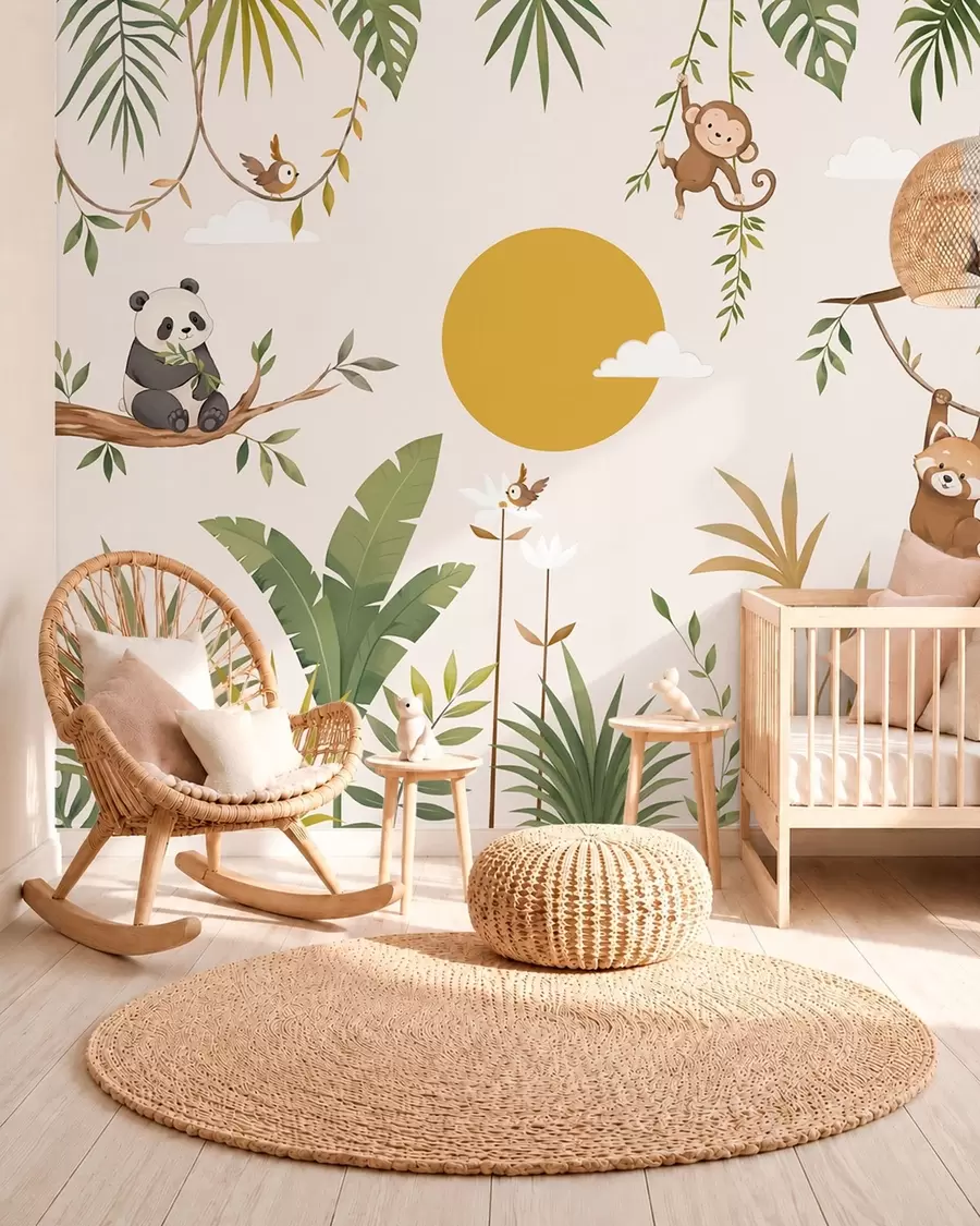 wall murals Тропске животиње међу лишћем са великим сунцем w05865v2