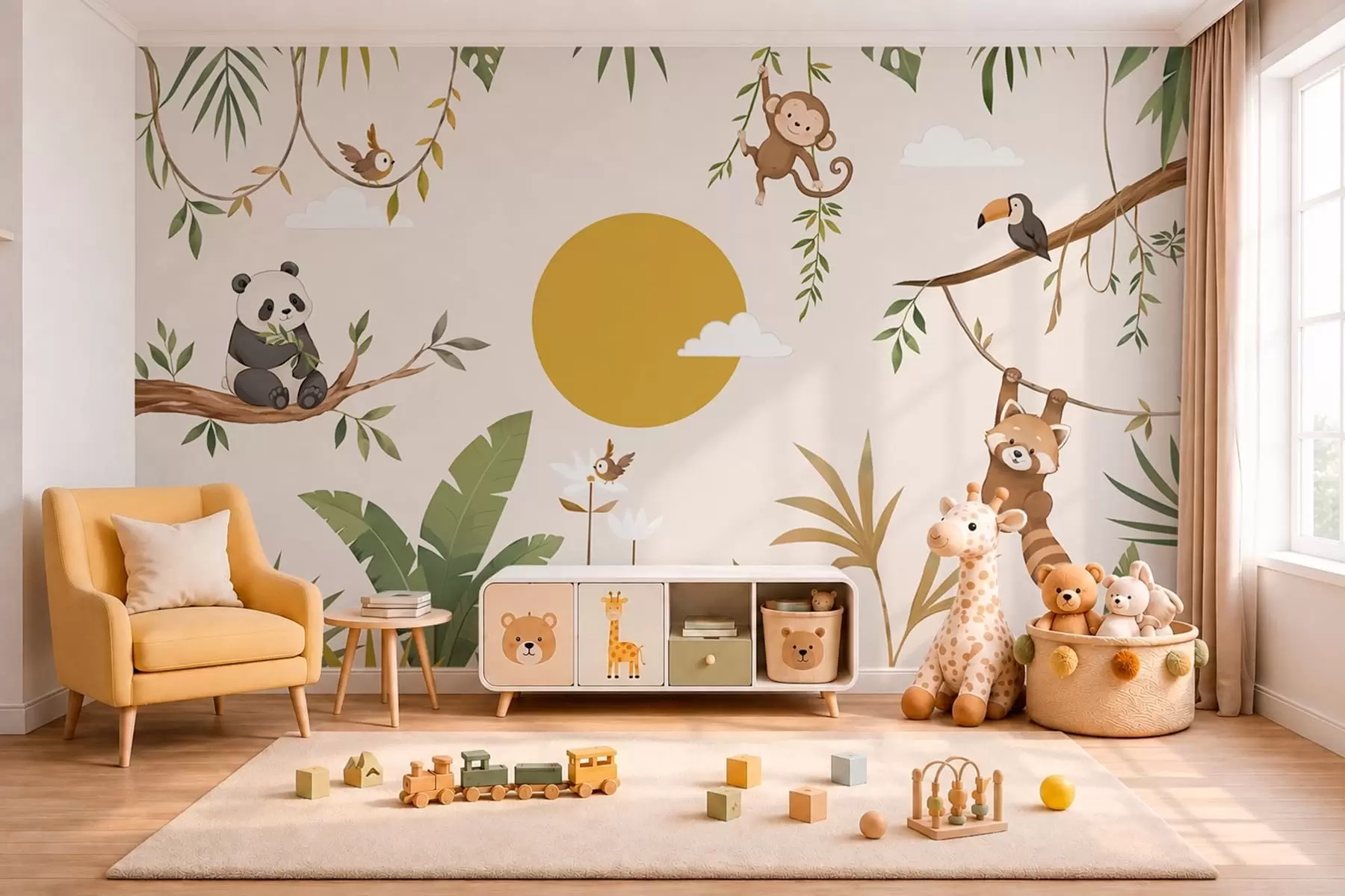wall murals Тропске животиње међу лишћем са великим сунцем w05865v2