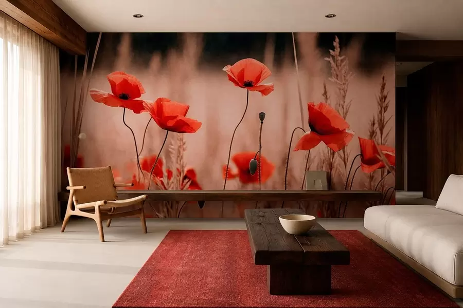 wall murals Светлоцрвени макови међу сувим травама w05866