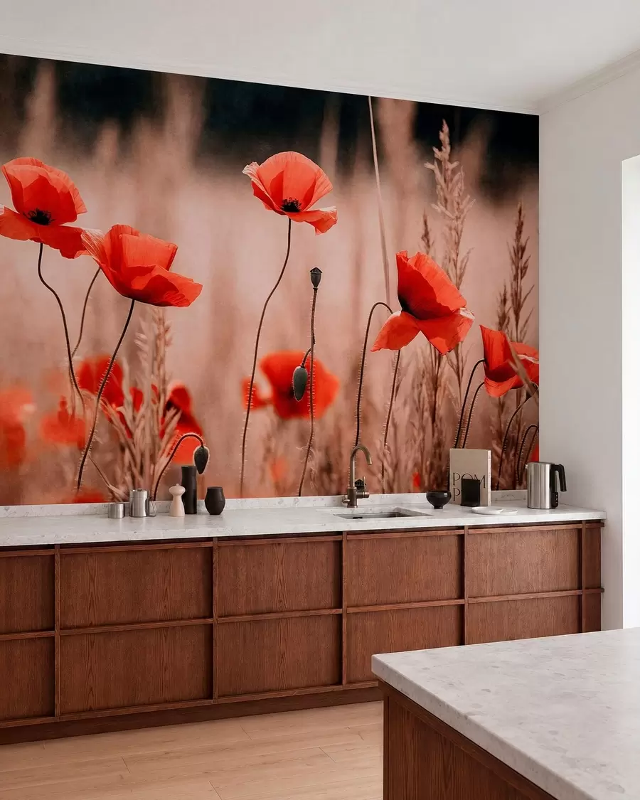 wall murals Светлоцрвени макови међу сувим травама w05866