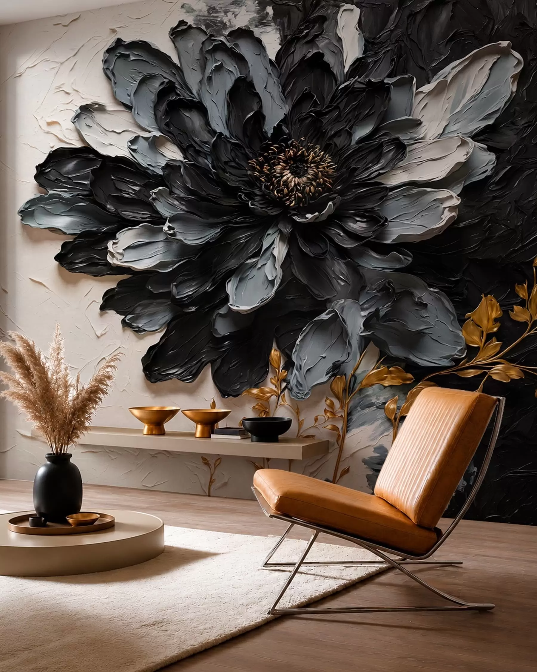 wall murals Текстурирани црно-сиви цвет са украсним гранама w05883