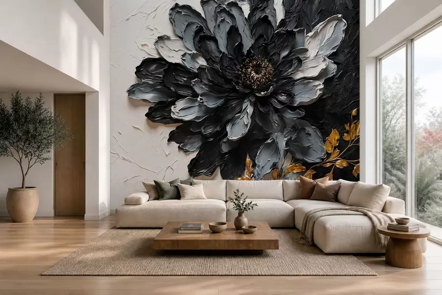 wall murals Текстурирани црно-сиви цвет са украсним гранама w05883