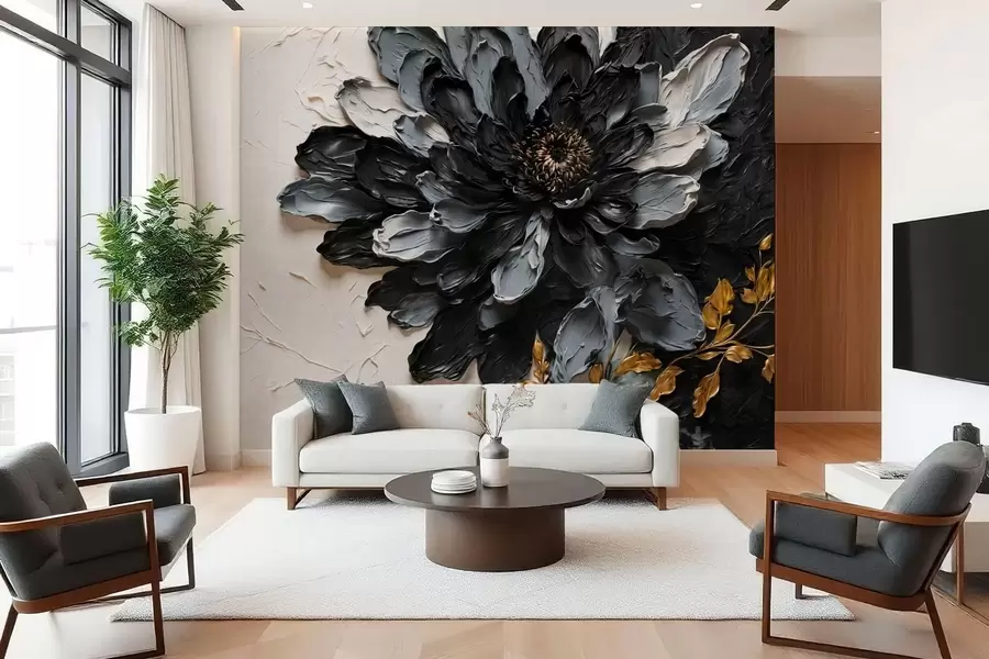 wall murals Текстурирани црно-сиви цвет са украсним гранама w05883