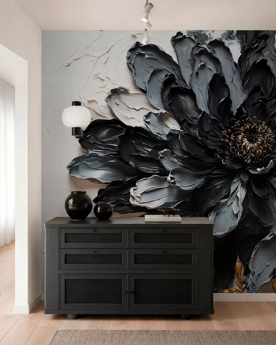 wall murals Текстурирани црно-сиви цвет са украсним гранама w05883