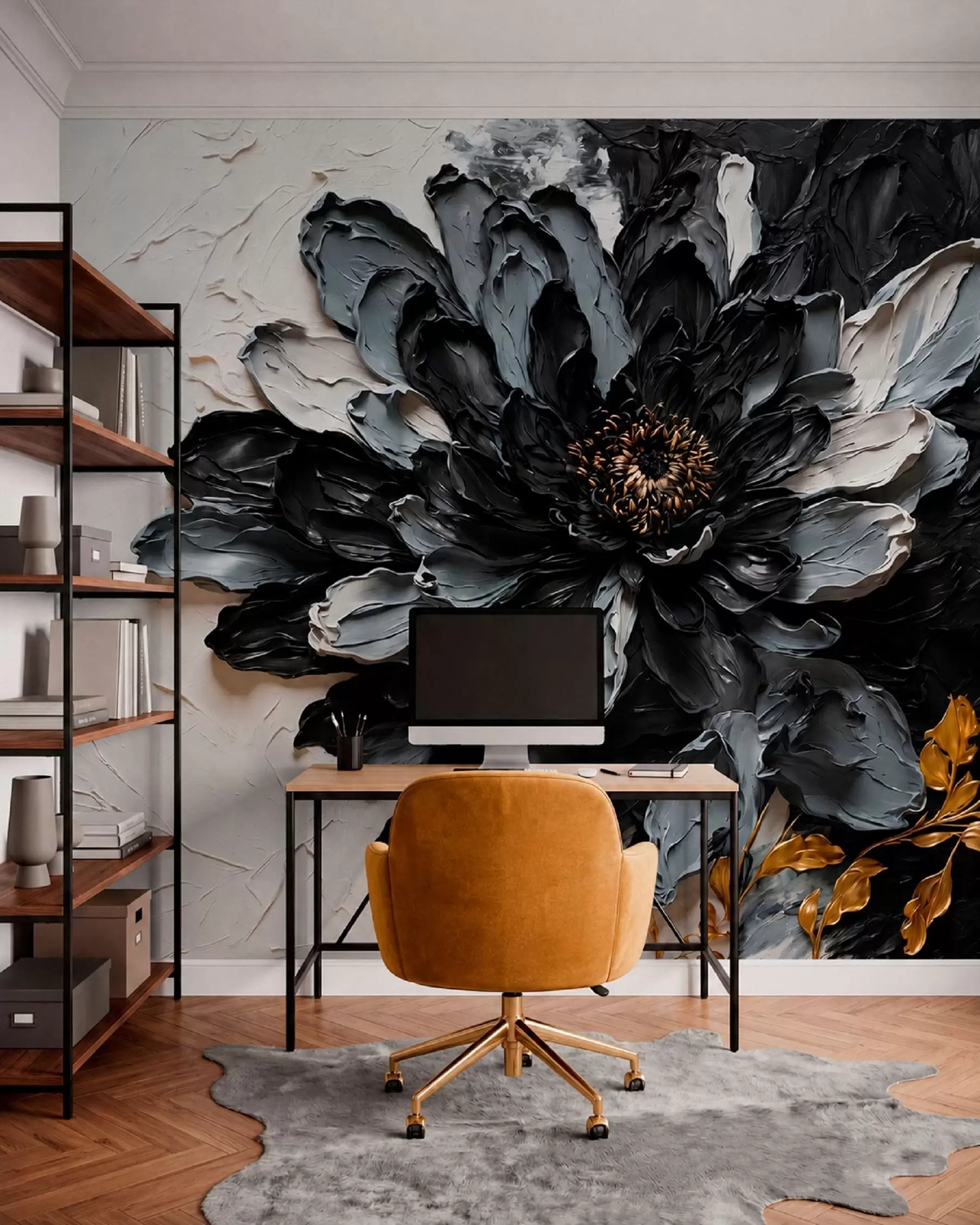wall murals Текстурирани црно-сиви цвет са украсним гранама w05883