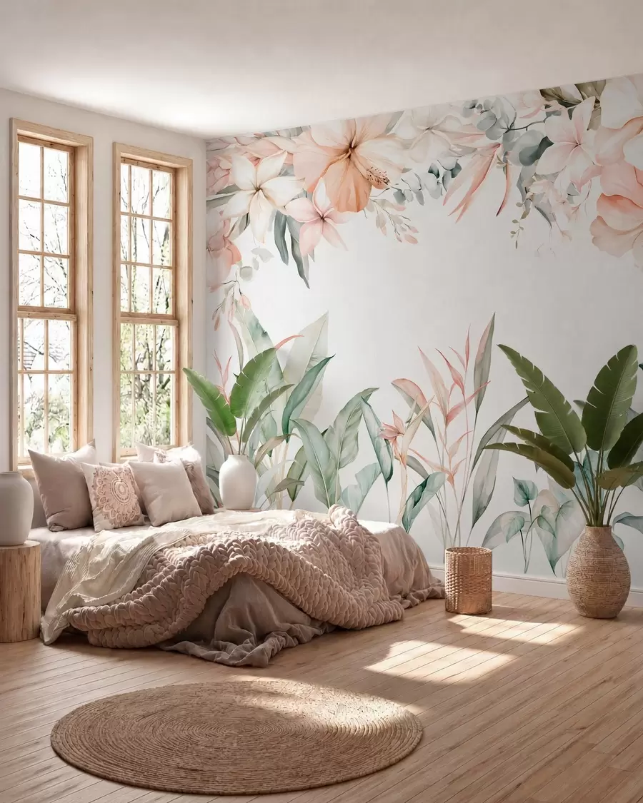 wall murals Тропска композиција од цвећа и биљака у акварелном стилу, у нежним нијансама w05870