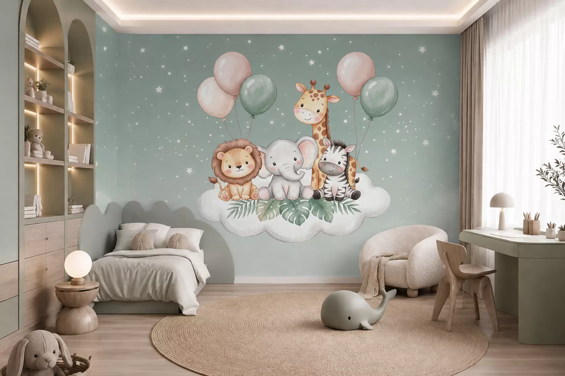 wall murals Пријатељске сафари животиње на пахуљастим облацима у меким пастелним тоновима, у стилу акварела w10004