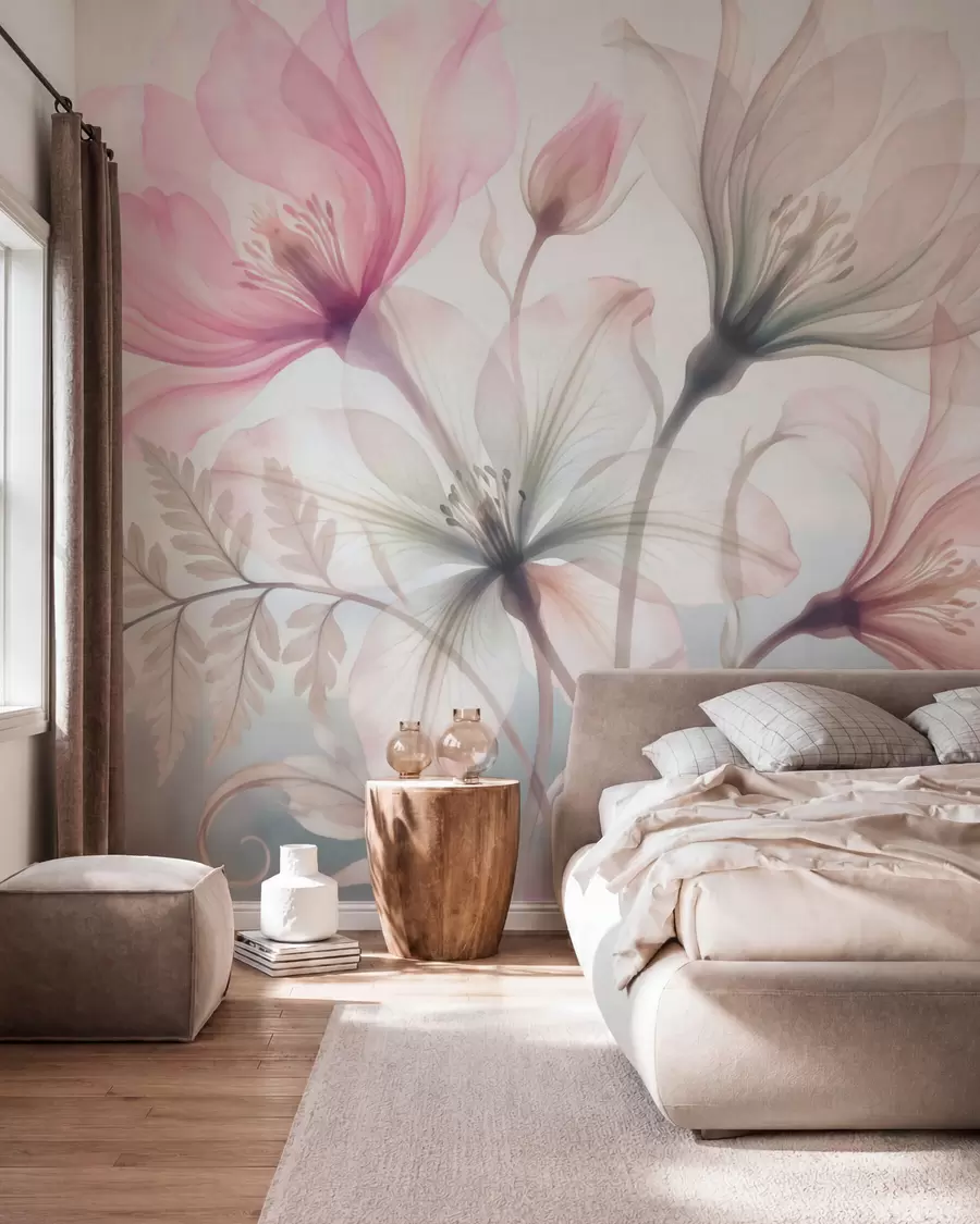 wall murals Нежно цвеће у пастелним ружичастим и плавим тоновима, у стилу акварела w10009