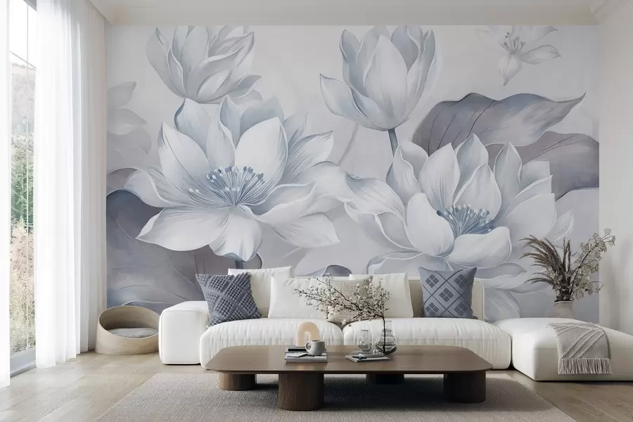 wall murals Текстурирани лотосови цветови са нежним латицама, великим, пригушено плавим листовима w10027v1