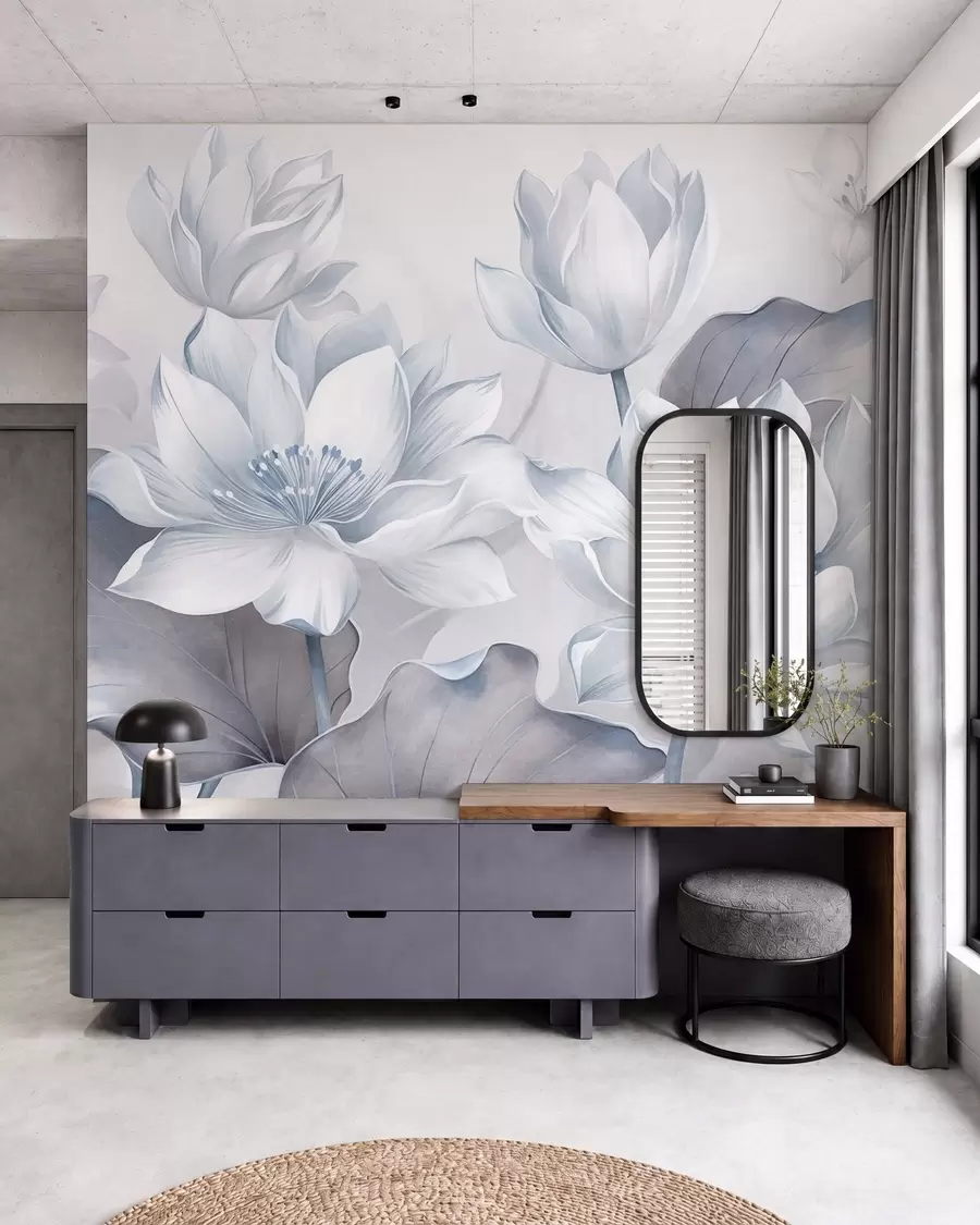 wall murals Текстурирани лотосови цветови са нежним латицама, великим, пригушено плавим листовима w10027v1