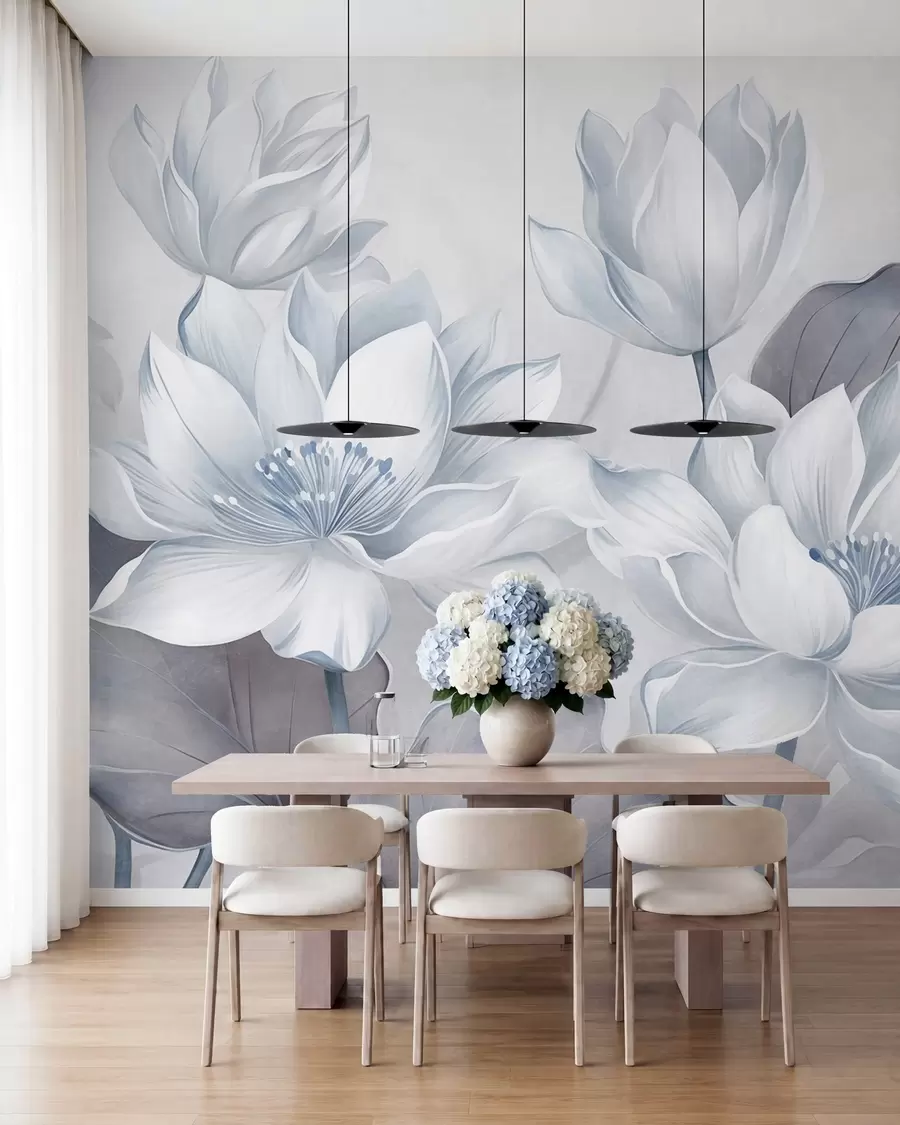 wall murals Текстурирани лотосови цветови са нежним латицама, великим, пригушено плавим листовима w10027v1