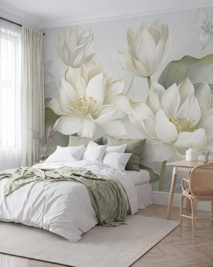 wall murals Текстурирани лотосови цветови са нежним латицама, великим, пригушеним зеленим листовима w10027