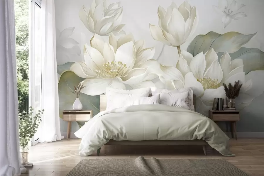 wall murals Текстурирани лотосови цветови са нежним латицама, великим, пригушеним зеленим листовима w10027