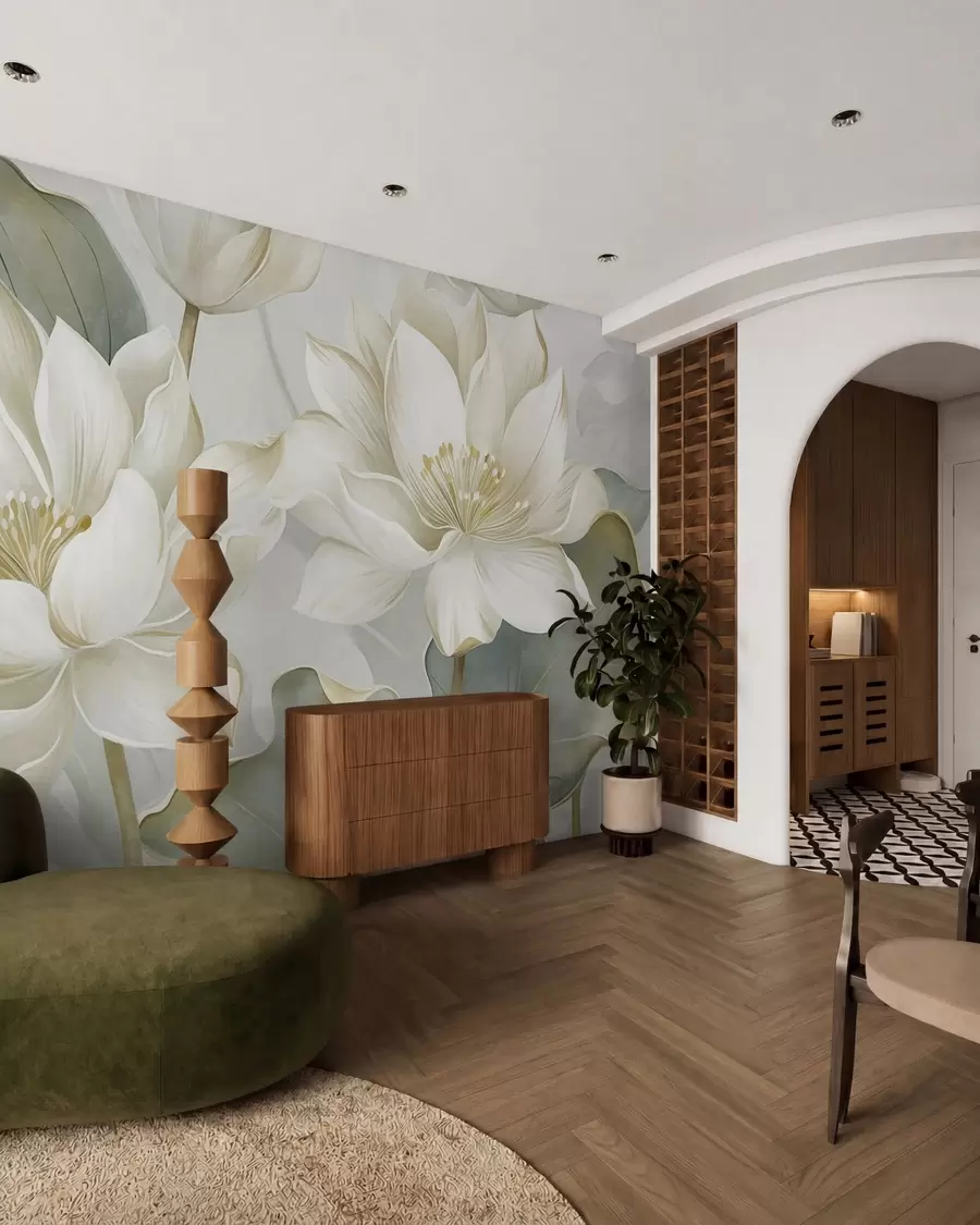 wall murals Текстурирани лотосови цветови са нежним латицама, великим, пригушеним зеленим листовима w10027