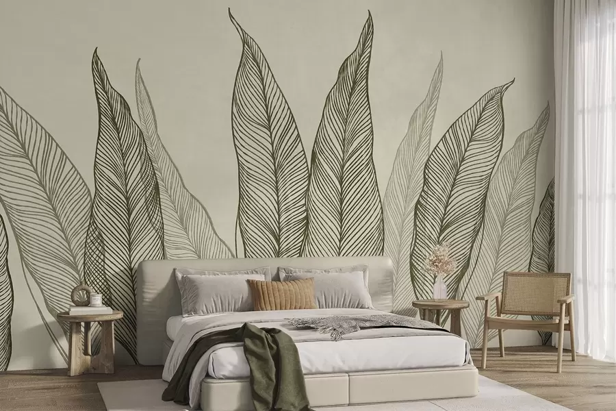wall murals Стилизовано зелено лишће са замршеним линијским детаљима на беж позадини, текстурирана уметност w10030