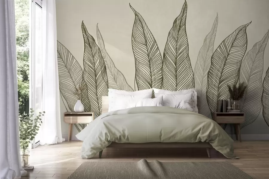 wall murals Стилизовано зелено лишће са замршеним линијским детаљима на беж позадини, текстурирана уметност w10030