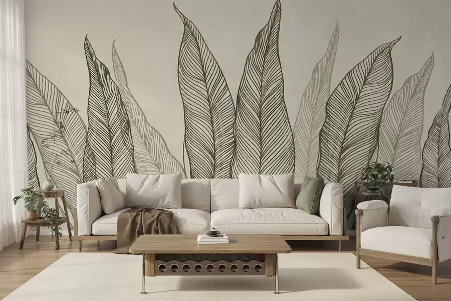 wall murals Стилизовано зелено лишће са замршеним линијским детаљима на беж позадини, текстурирана уметност w10030