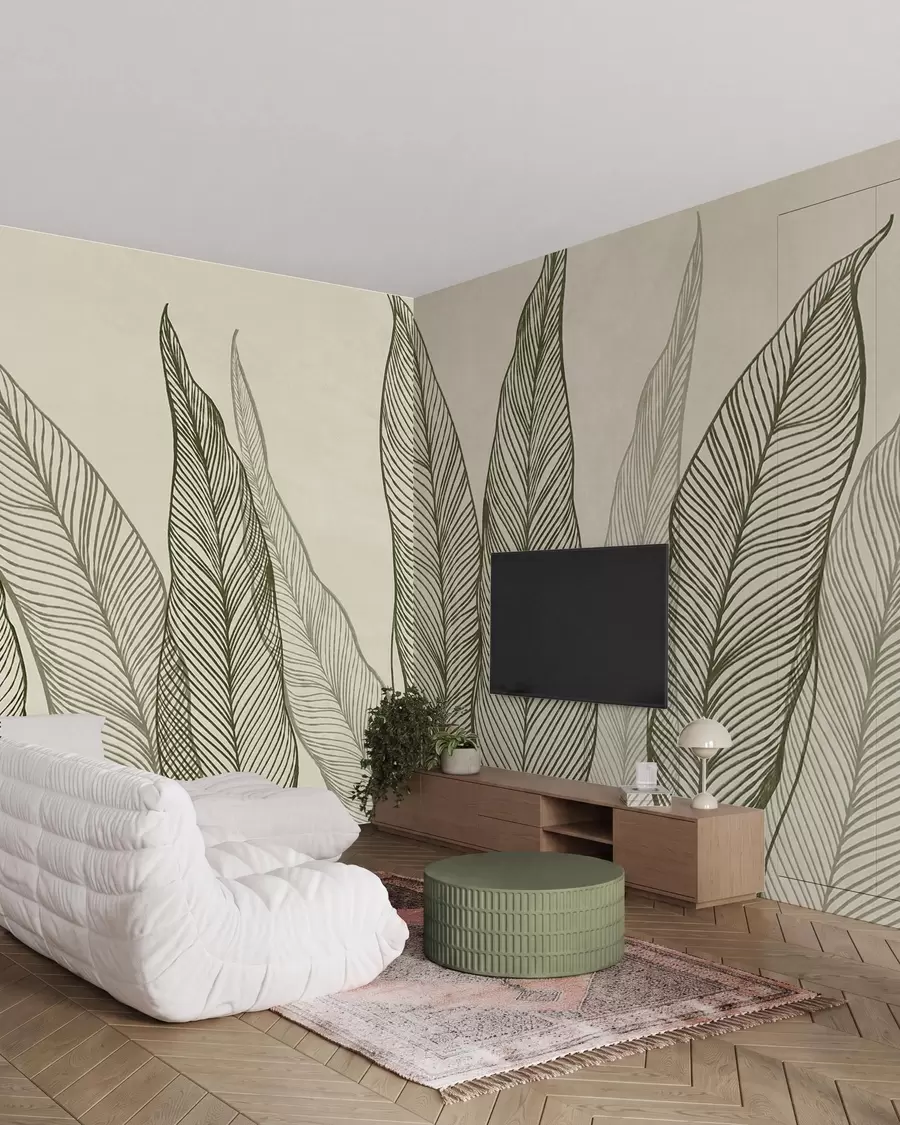 wall murals Стилизовано зелено лишће са замршеним линијским детаљима на беж позадини, текстурирана уметност w10030
