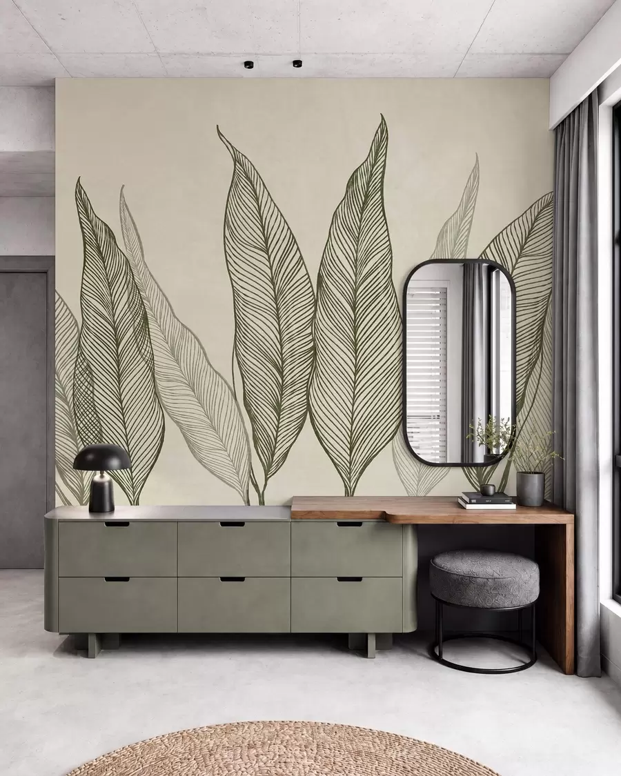 wall murals Стилизовано зелено лишће са замршеним линијским детаљима на беж позадини, текстурирана уметност w10030