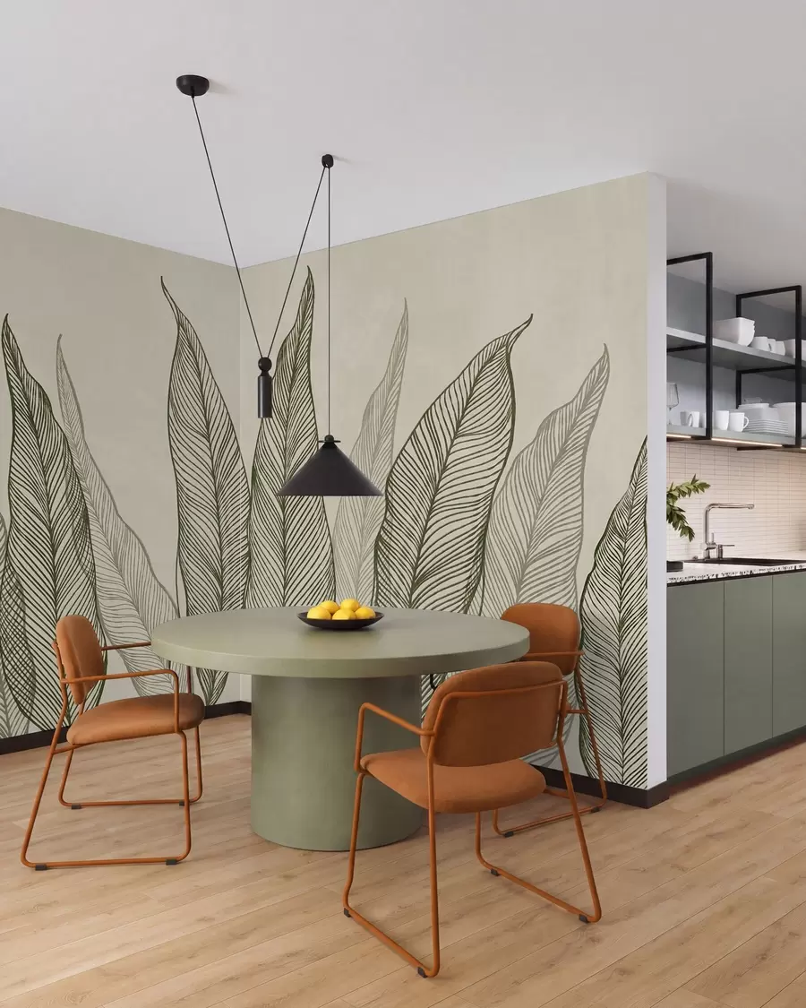 wall murals Стилизовано зелено лишће са замршеним линијским детаљима на беж позадини, текстурирана уметност w10030