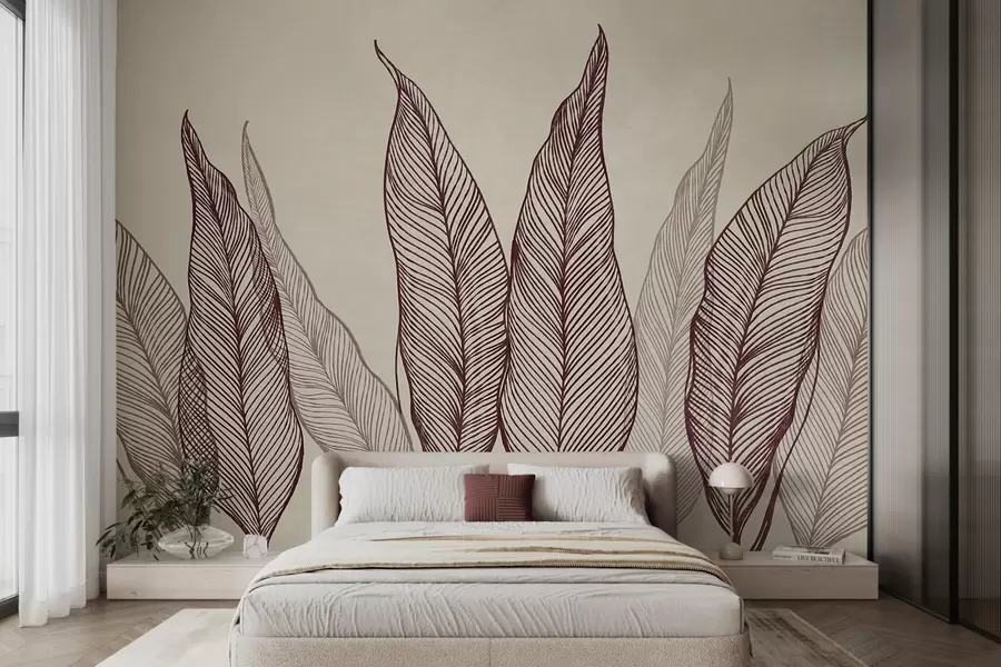 wall murals Стилизовани бордо листови са замршеним линијским детаљима на беж позадини, текстурирана уметност w10030v1