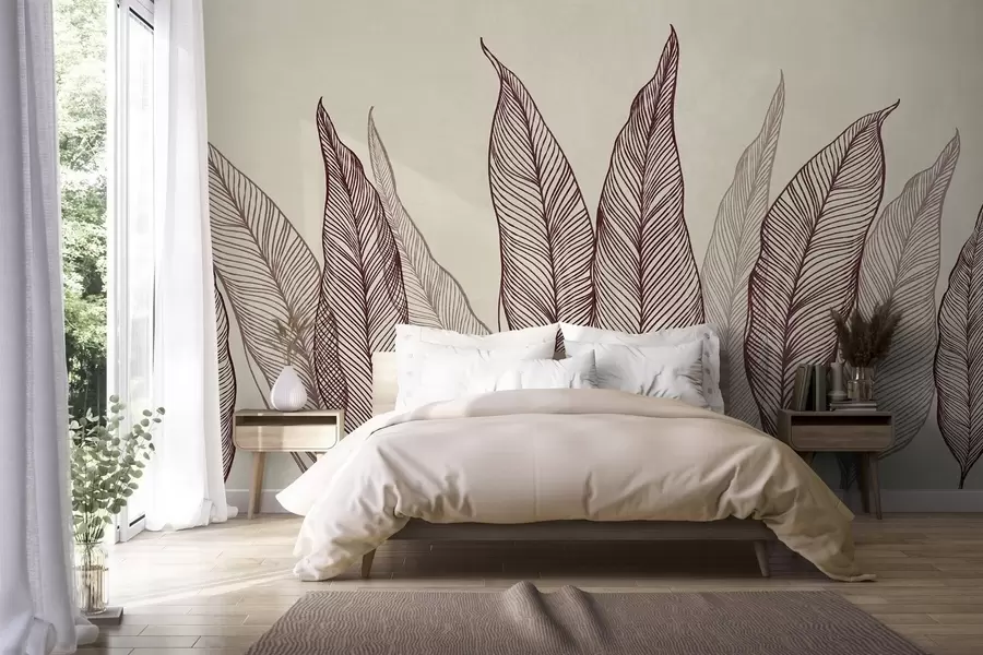 wall murals Стилизовани бордо листови са замршеним линијским детаљима на беж позадини, текстурирана уметност w10030v1